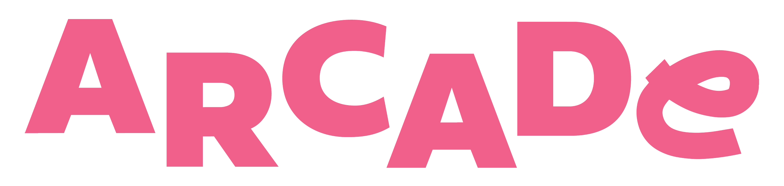 The word 'ARCADE' in pink, stylized, 3D block letters with black background.