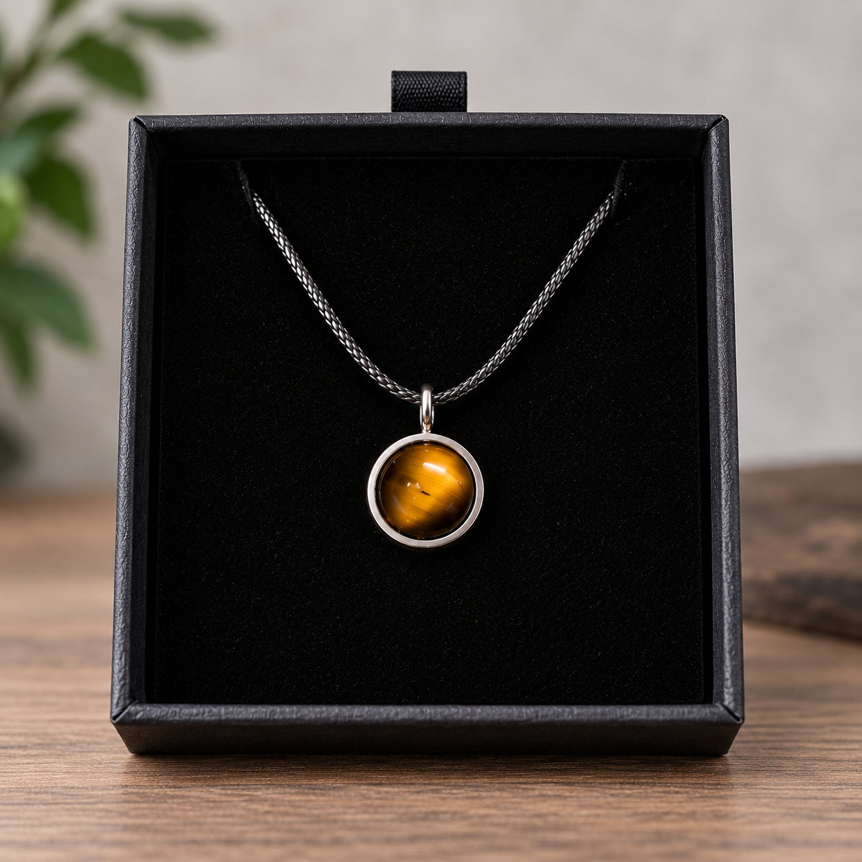 Handmade Tiger's Eye round pendant necklace with polished natural gemstone displayed in a black gift box.