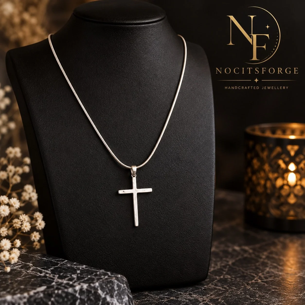 Handcrafted 925 sterling silver cross pendant necklace with matching sterling silver chain, displayed on a black jewellery bust by Noctis Forge Jewellery.