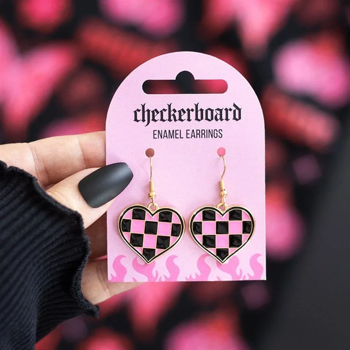 Checkerboard Heart Enamel Earrings