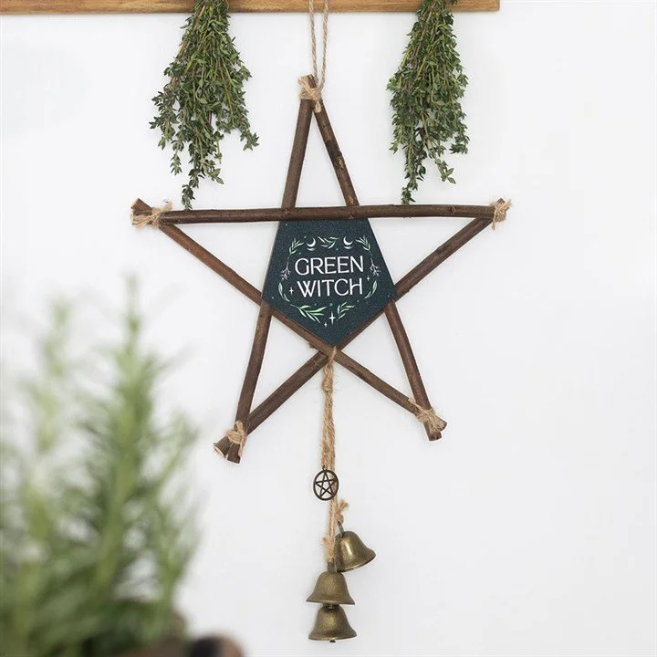 Green Witch Pentagram Hanging Decoration with Brass Bells