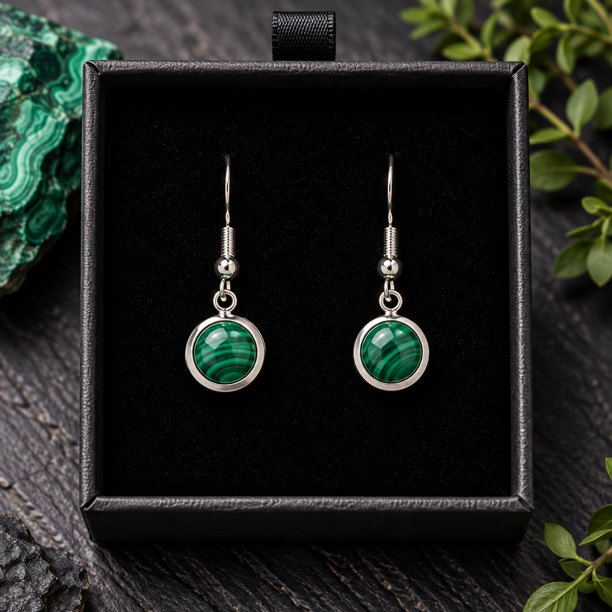 925 sterling silver malachite drop earrings with natural green banded gemstones by Noctis Forge