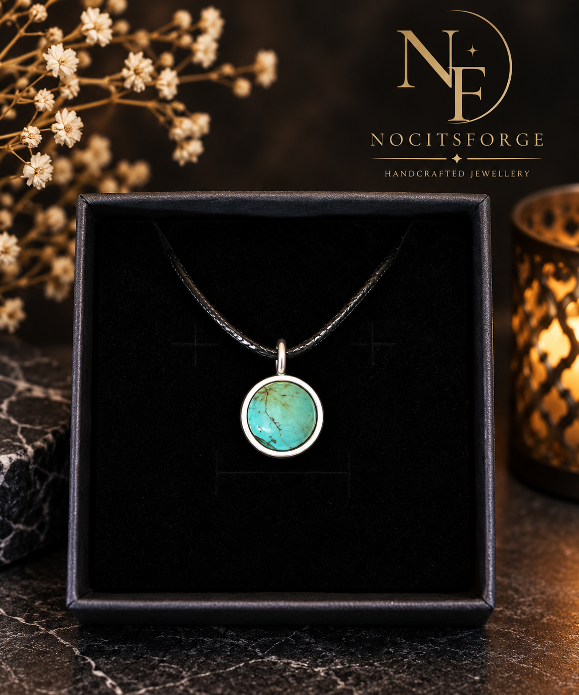 Genuine round turquoise gemstone pendant with natural brown markings, set in 925 sterling silver and displayed on a black cord in a black jewellery box by Noctis Forge Jewellery.