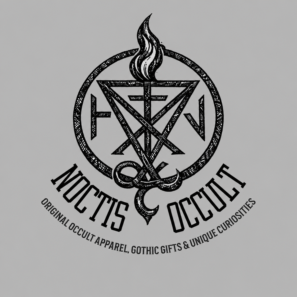 A black and white graphic logo for 'MOtIS OCtOPE,' featuring gothic and occult symbols, a flame, and stylized text with the tagline 'Original occult apparel, gothic gifts & unique curiosities.'