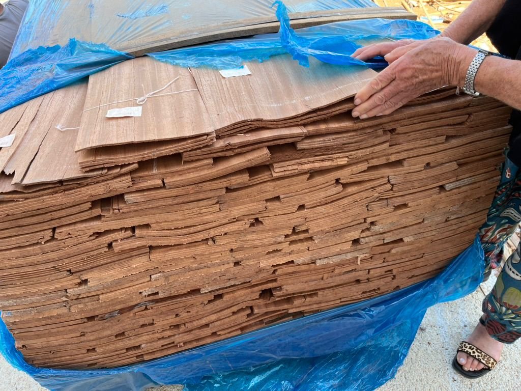 The 4 mm mahogany which will be  double diagonally glued and stapled over the planking