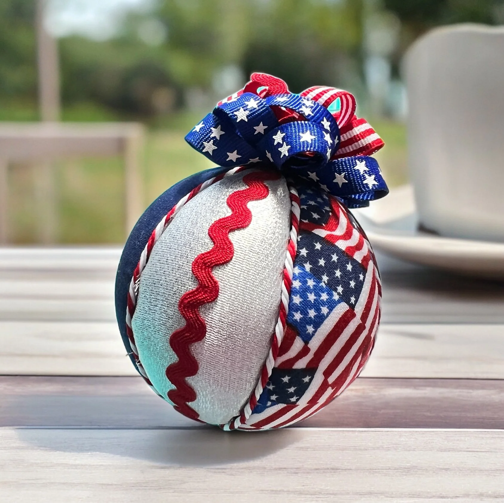 Patriotic Fabric Ornament with Stars & Stripes Ribbon