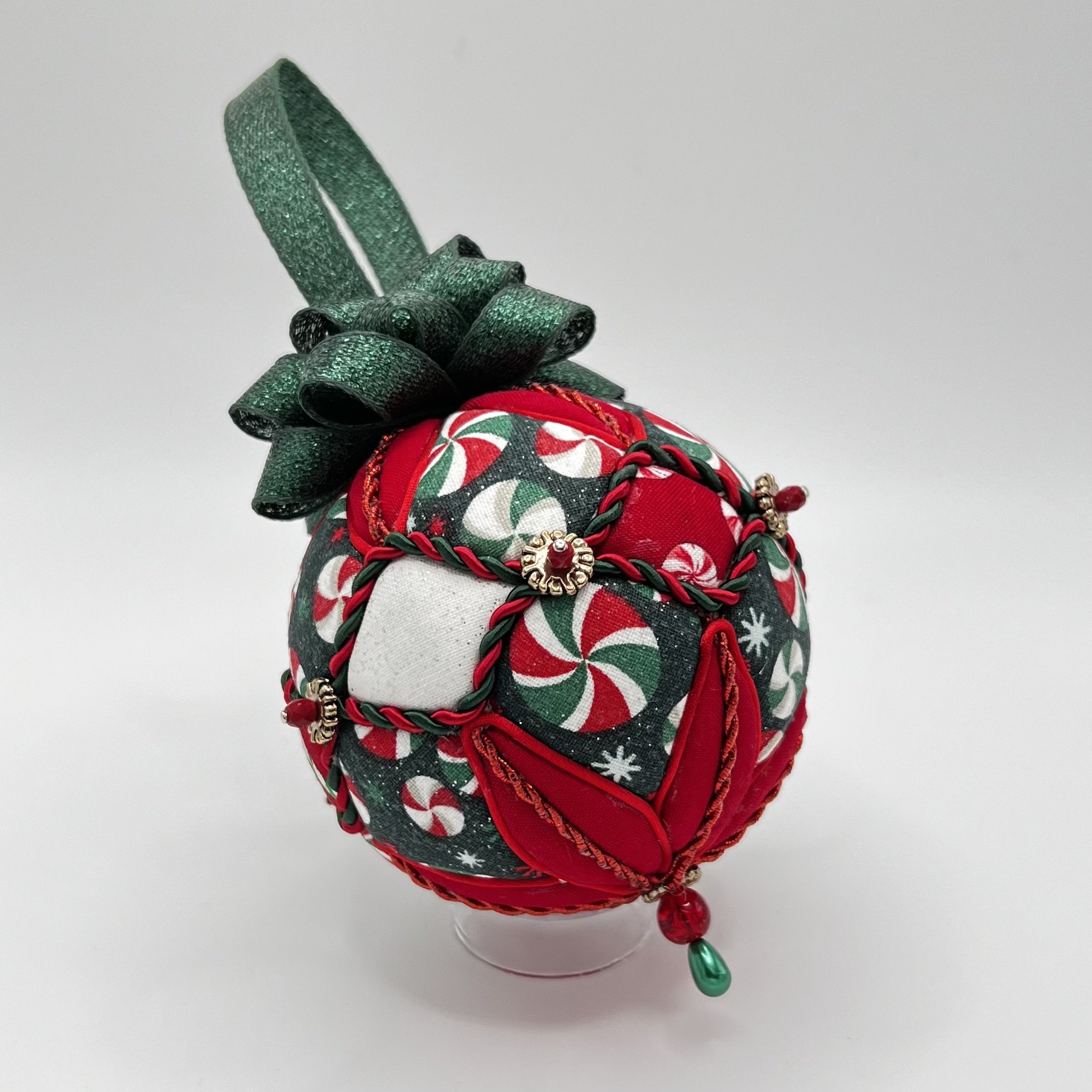 Peppermint Holiday Ornament with Green Bow