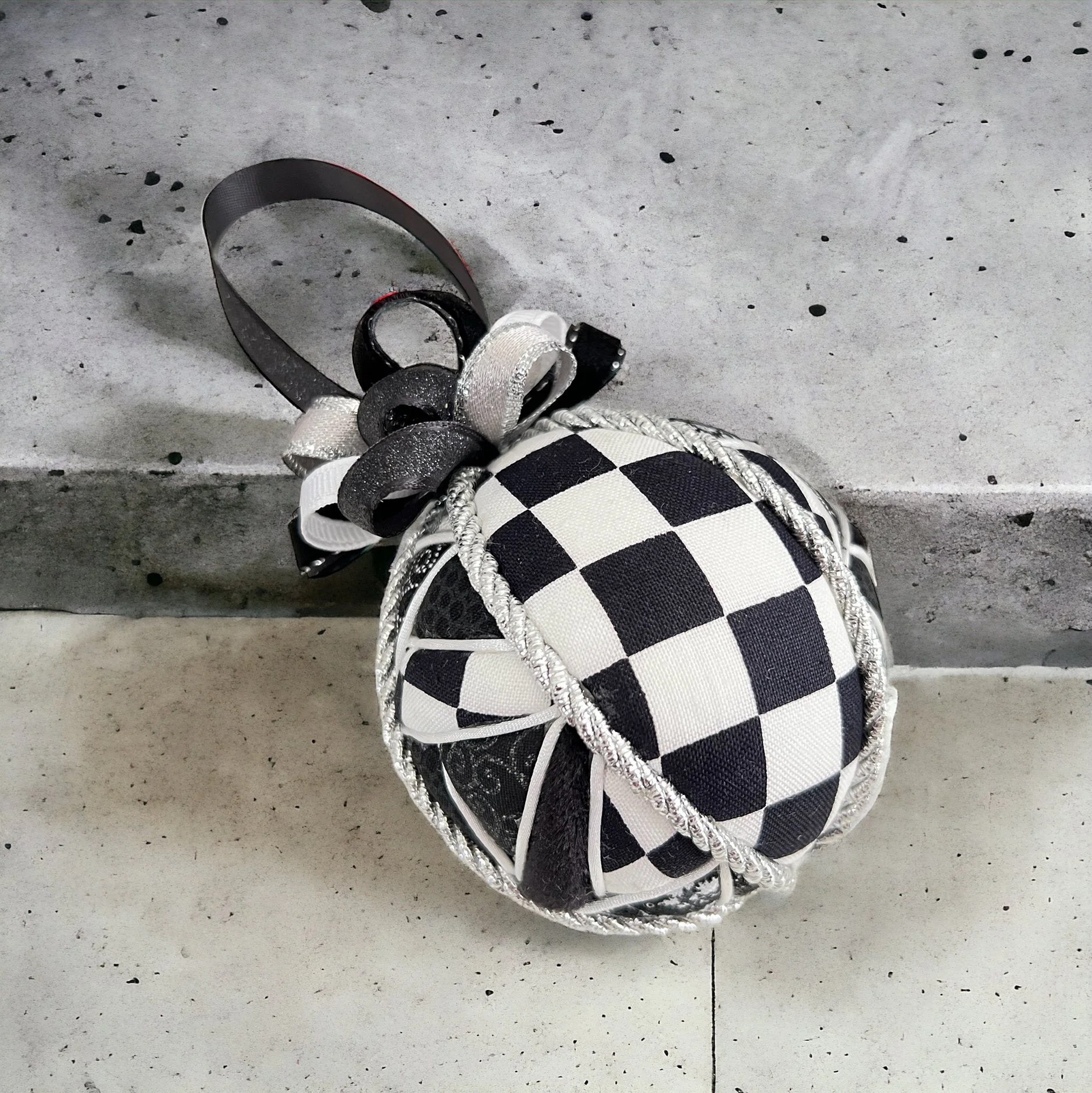 Black & White Checkered Ornament with Silver & Velvet Accents