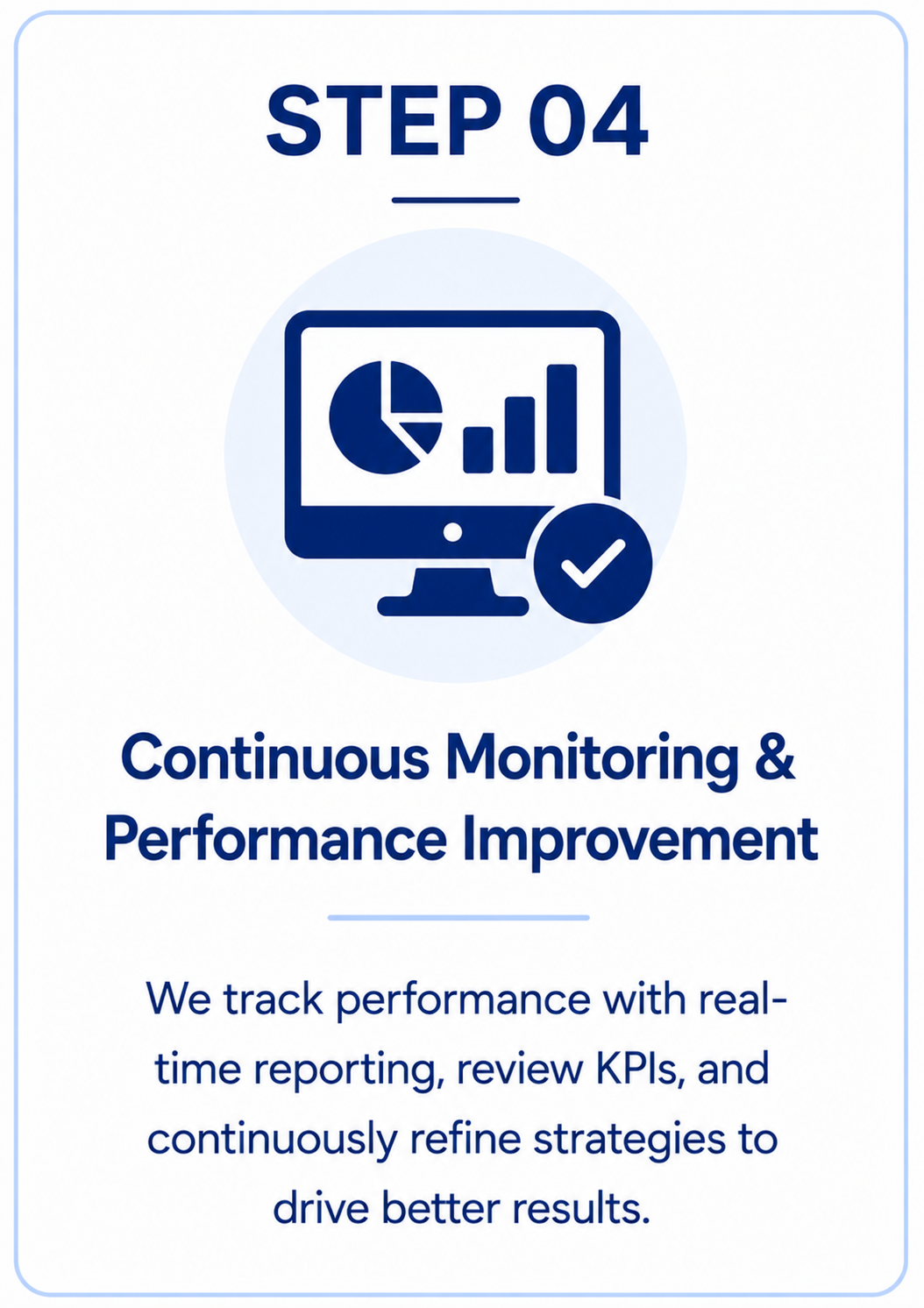 An informational graphic about Step 04, which is continuous monitoring and performance improvement, featuring a computer monitor with pie chart and bar graph icons, and a check mark.