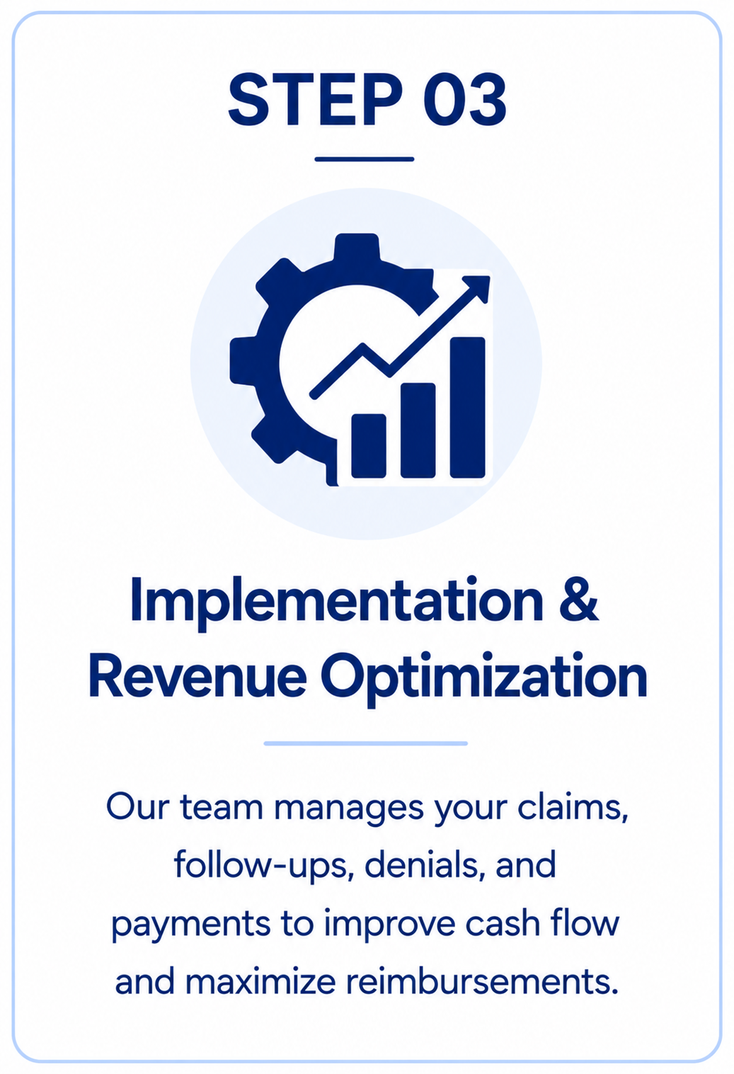 Step 3 of a process titled 'Implementation & Revenue Optimization,' featuring an icon of a gear and bar chart with an upward arrow, and text explaining team management of claims, follow-ups, denials, and payments to improve cash flow and maximize reimbursements.