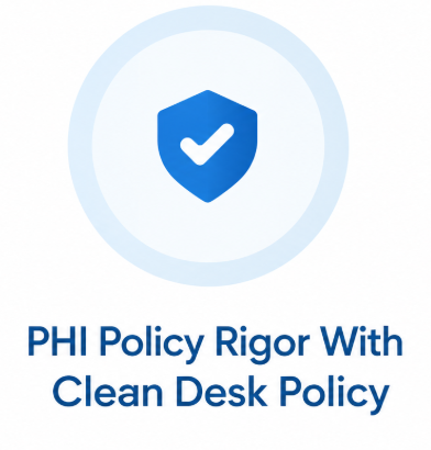 Icon of a blue shield with a checkmark in the center, above text that says "PHI Policy Rigor With Clean Desk Policy."