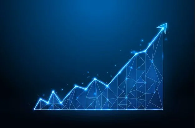 A digital line graph with an upward trend, illustrated with glowing blue lines and geometric shapes against a dark blue background.