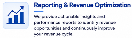 Icon of a rising bar graph and arrow in a blue square next to the text 'Reporting & Revenue Optimization' and a description about providing actionable insights and performance reports.
