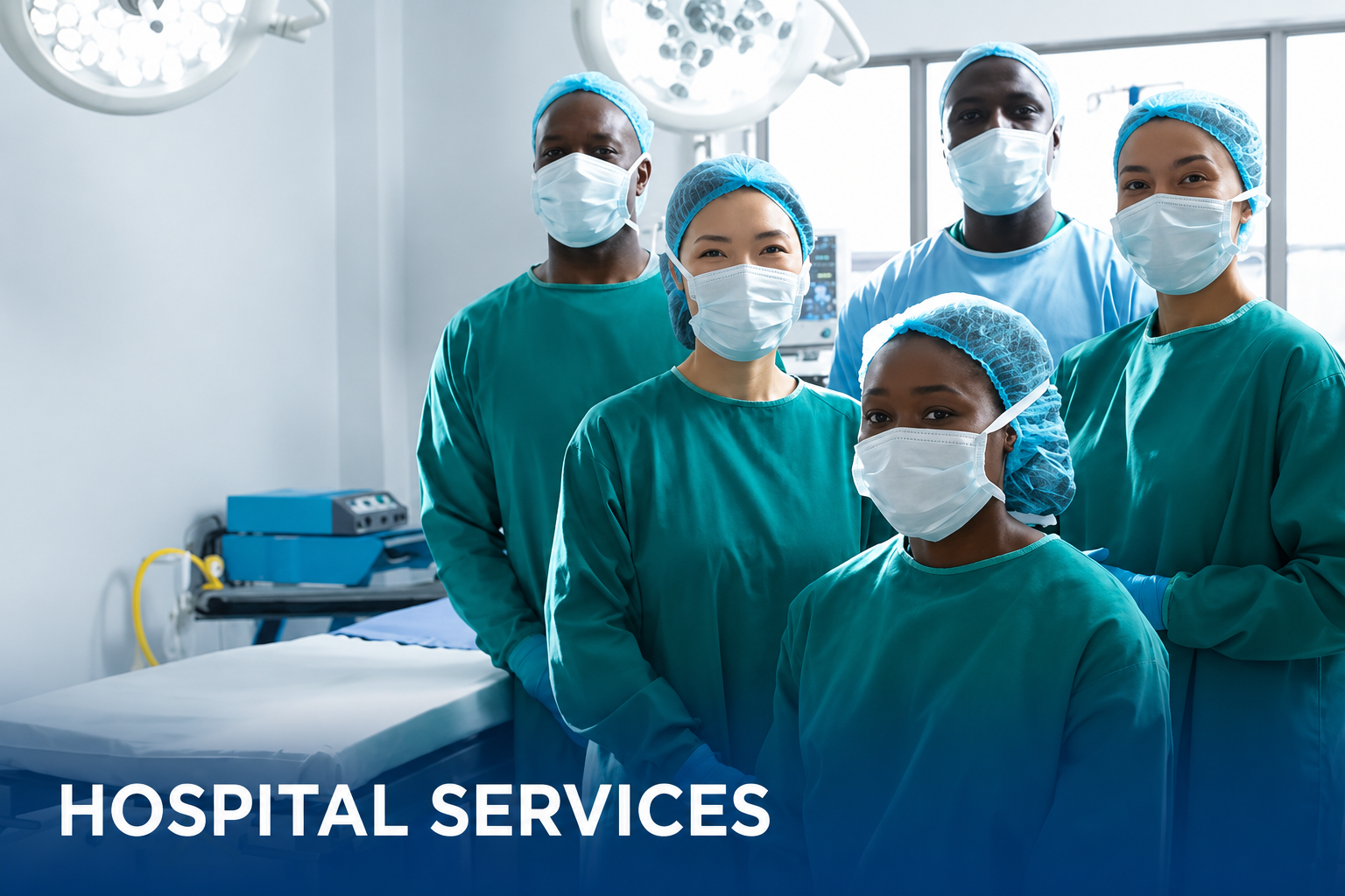 A diverse group of healthcare professionals wearing scrubs, masks, and head coverings in a hospital operating room.