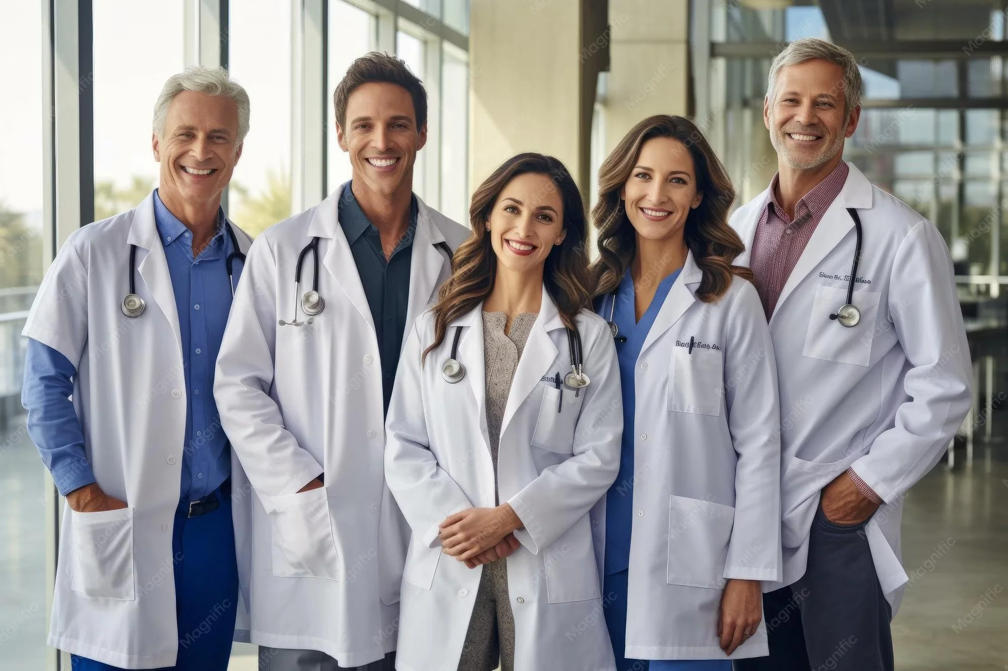 Group of five diverse medical professionals, three men and two women, smiling and standing in a hospital or medical facility with large windows.