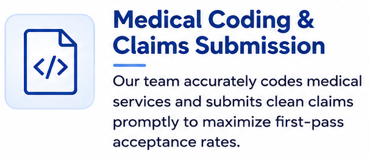 Medical coding and claims submission graphic with a document icon and description of services