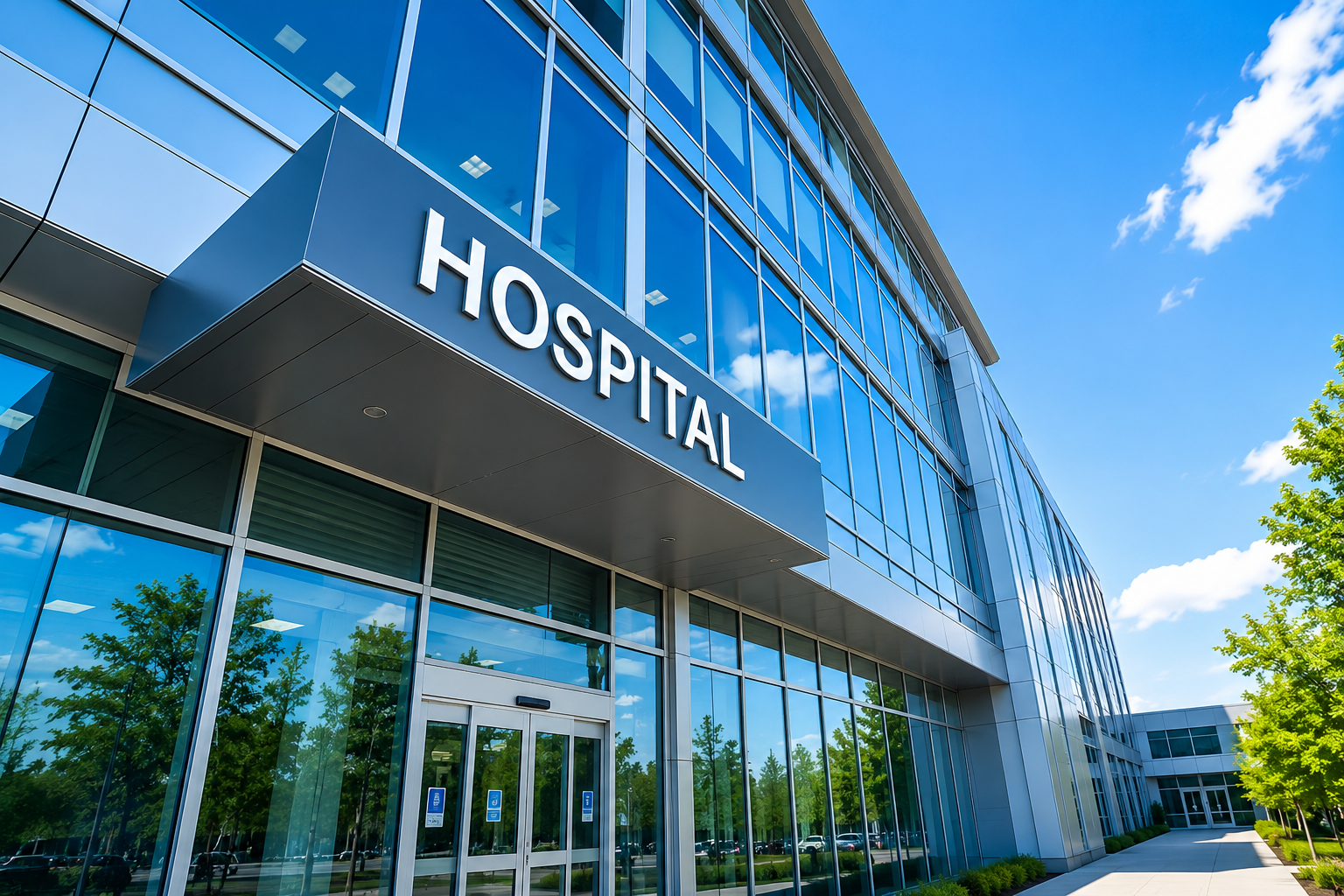 Modern hospital building with large glass windows and a prominent sign reading 'HOSPITAL' near the entrance, with trees and a clear blue sky in the background.