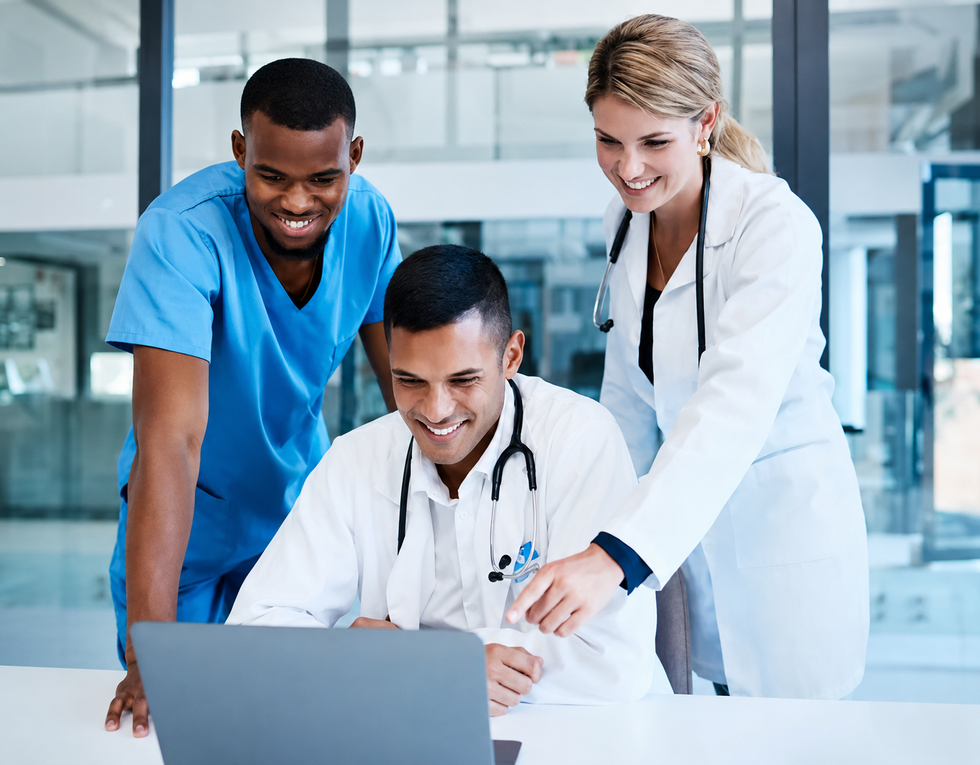 Three healthcare professionals, two women and one man, gathered around a laptop in a medical facility, smiling and collaborating.