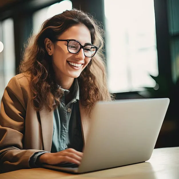 A woman with curly hair and glasses smiling while using a laptop indoors near a window.