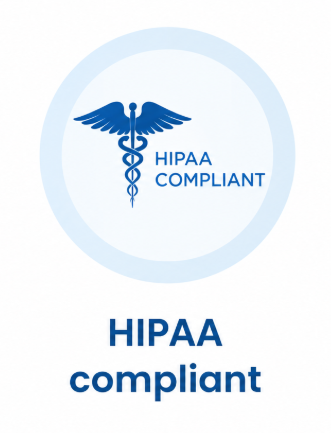 HIPAA compliant badge with caduceus symbol and text indicating compliance