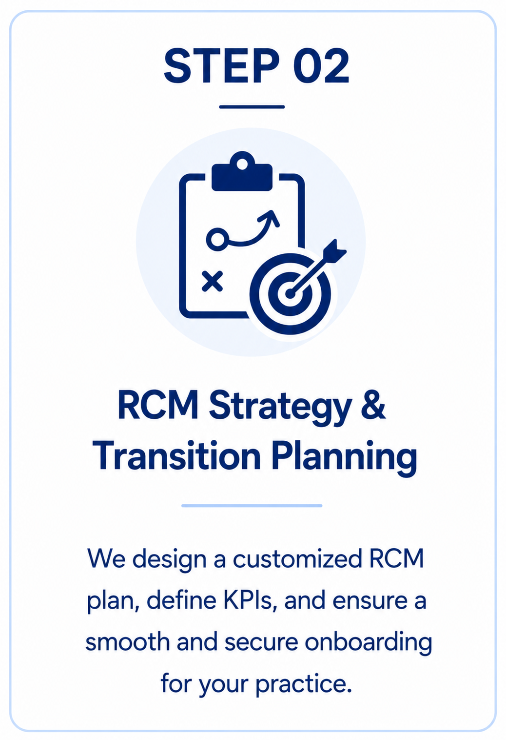 A digital graphic with the title 'STEP 02' and a subtitle 'RCM Strategy & Transition Planning'. It features a diagram of a clipboard with a strategy map and a dartboard with an arrow hitting the bullseye, indicating goal setting and strategic planning.