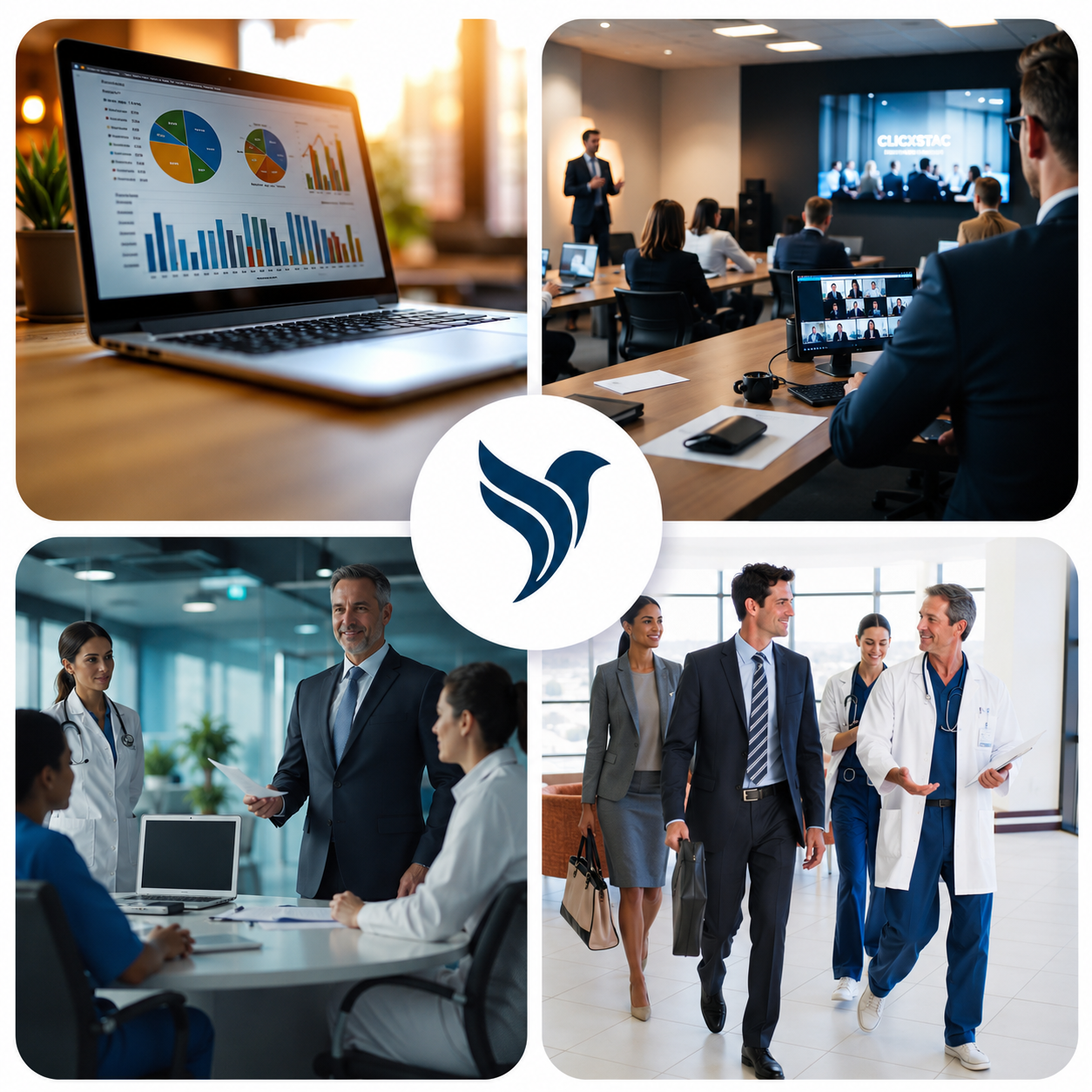 A collage of four images: a laptop with data charts, a business conference with a presenter and audience, a medical team in a meeting, and healthcare professionals walking in a hospital corridor. In the center, a stylized bird logo.
