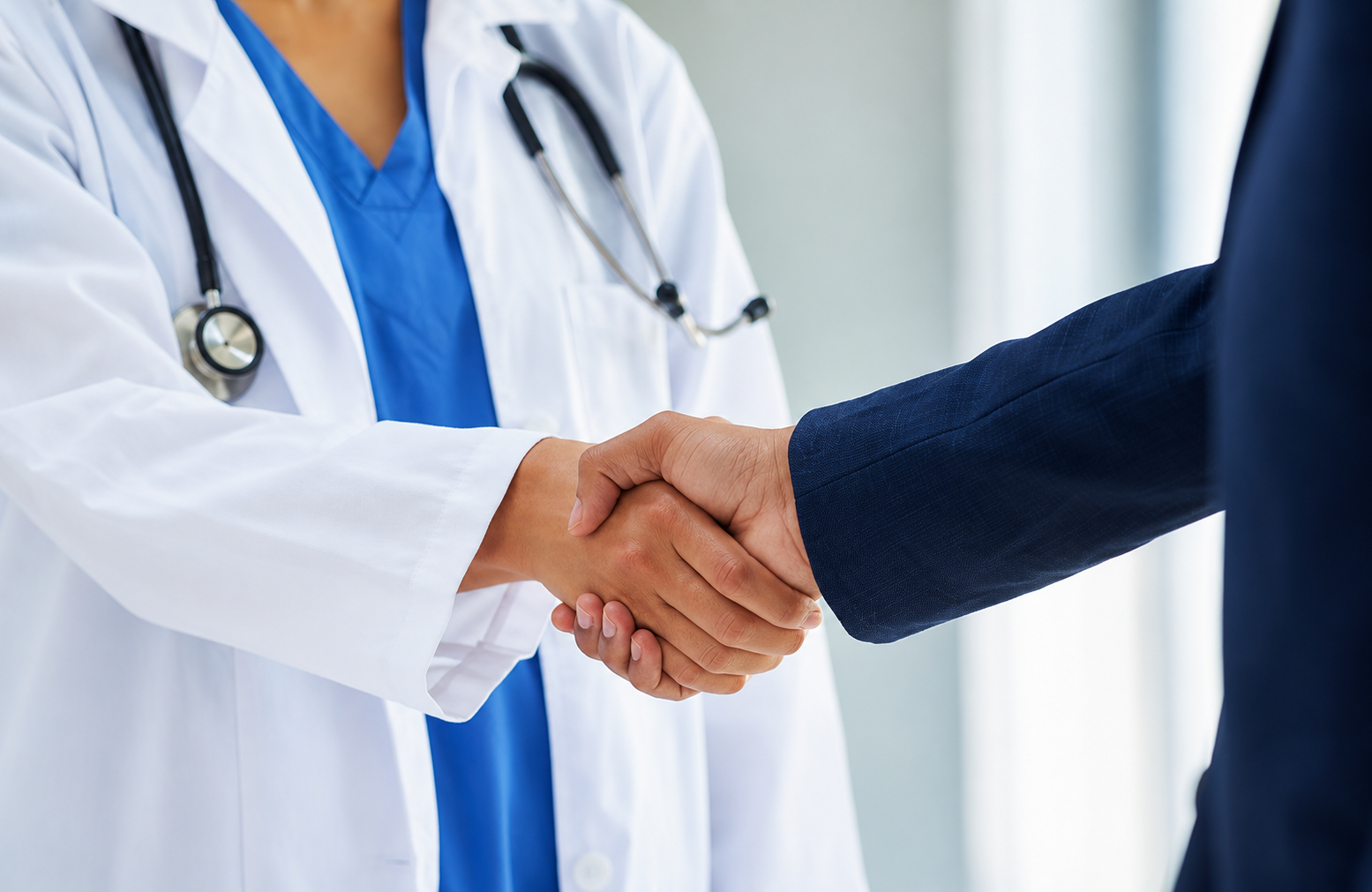 Doctor in blue scrubs and white coat shaking hands with a person in a dark suit.