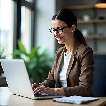 A woman with dark hair and glasses smiling while working on a laptop at a desk with a notebook, in a modern office with large windows and green plant in the background.