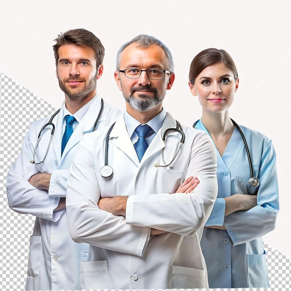 Group of three doctors in medical uniforms with stethoscopes, standing confidently against a plain background.