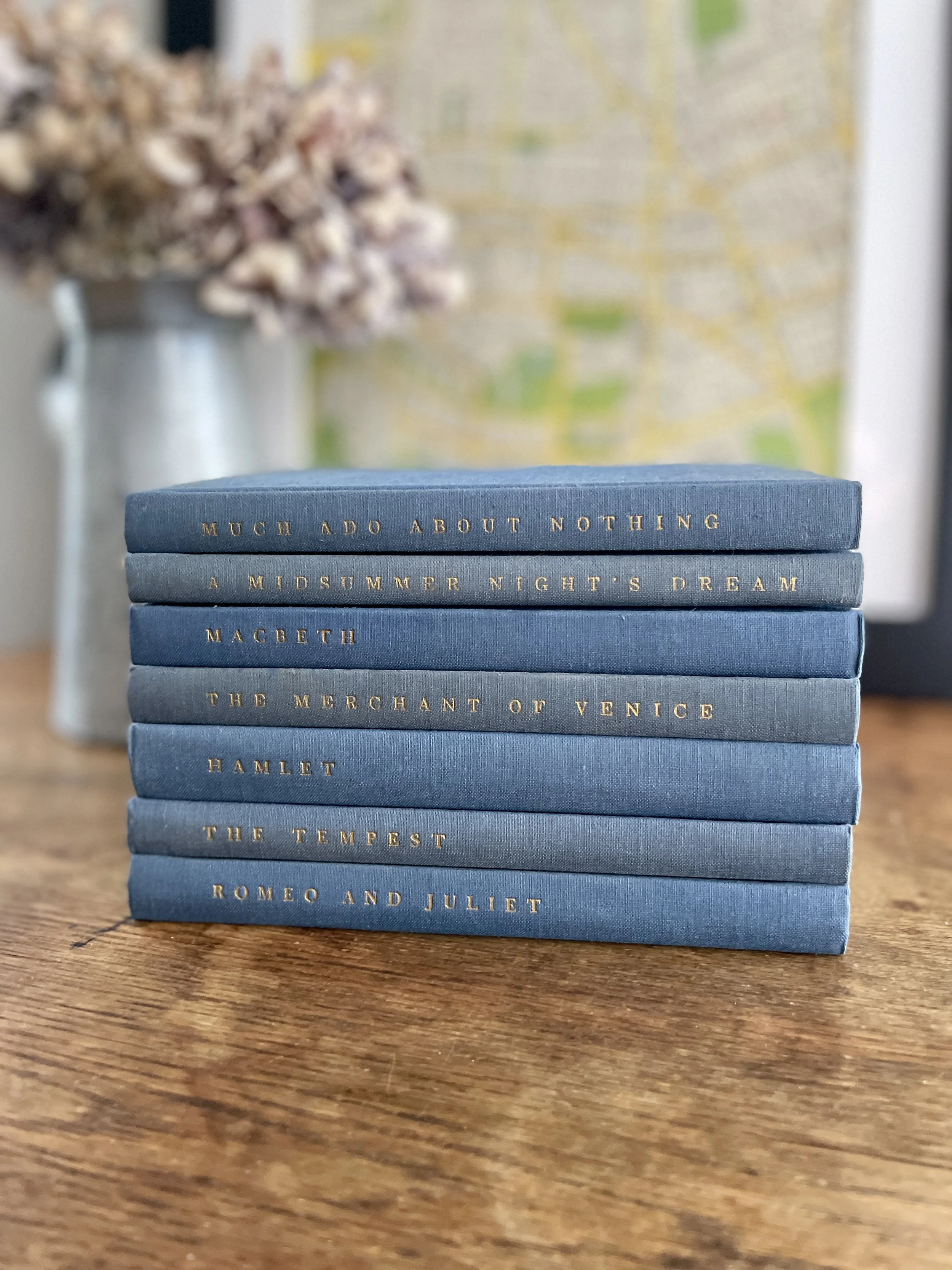 Stack of eight blue books on a wooden surface, with titles related to Shakespeare and classic literature, in front of a blurred background with a vase of flowers and a map.