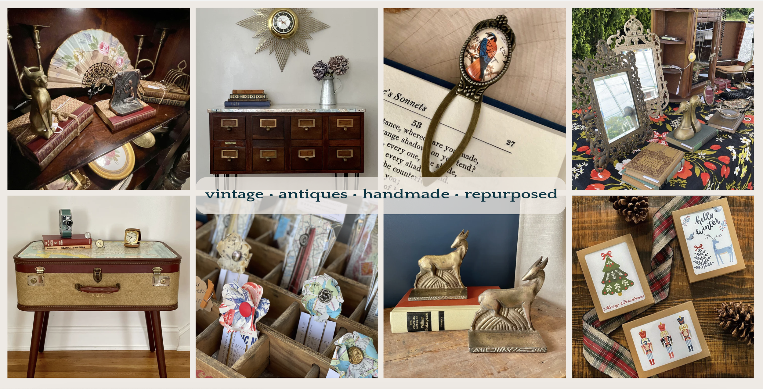 A collage of vintage, antique, handmade, and repurposed items including decorative trinkets, furniture, and holiday-themed decor.