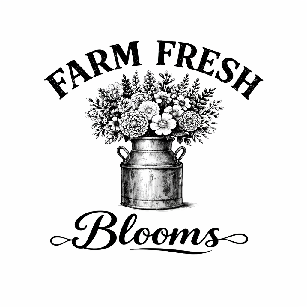 A black and white illustration of a flower arrangement in a rustic milk can with the words "FARM FRESH" above and "Blooms" below.