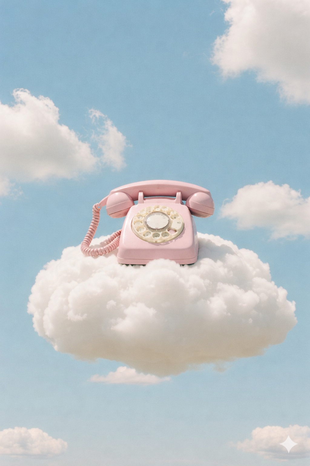 A pink rotary telephone sitting on a fluffy white cloud in a bright blue sky with scattered clouds.