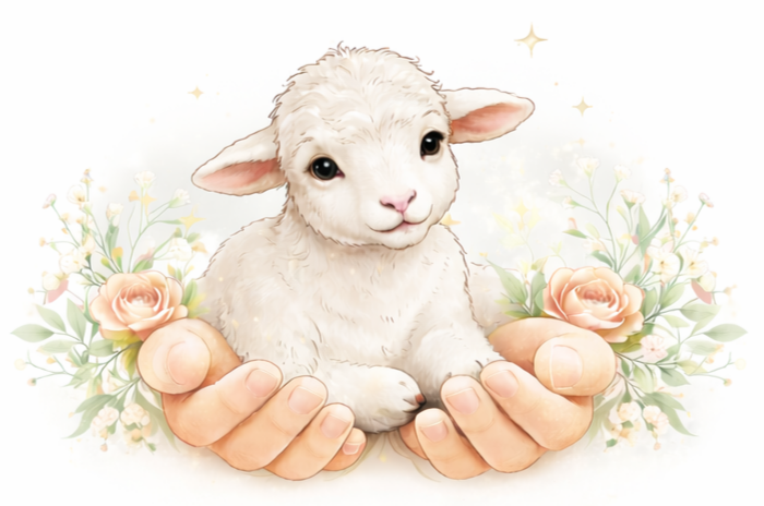 A small, cute sheep held gently in human hands surrounded by soft pink roses and light green foliage, with a white background and subtle star-like sparkles.