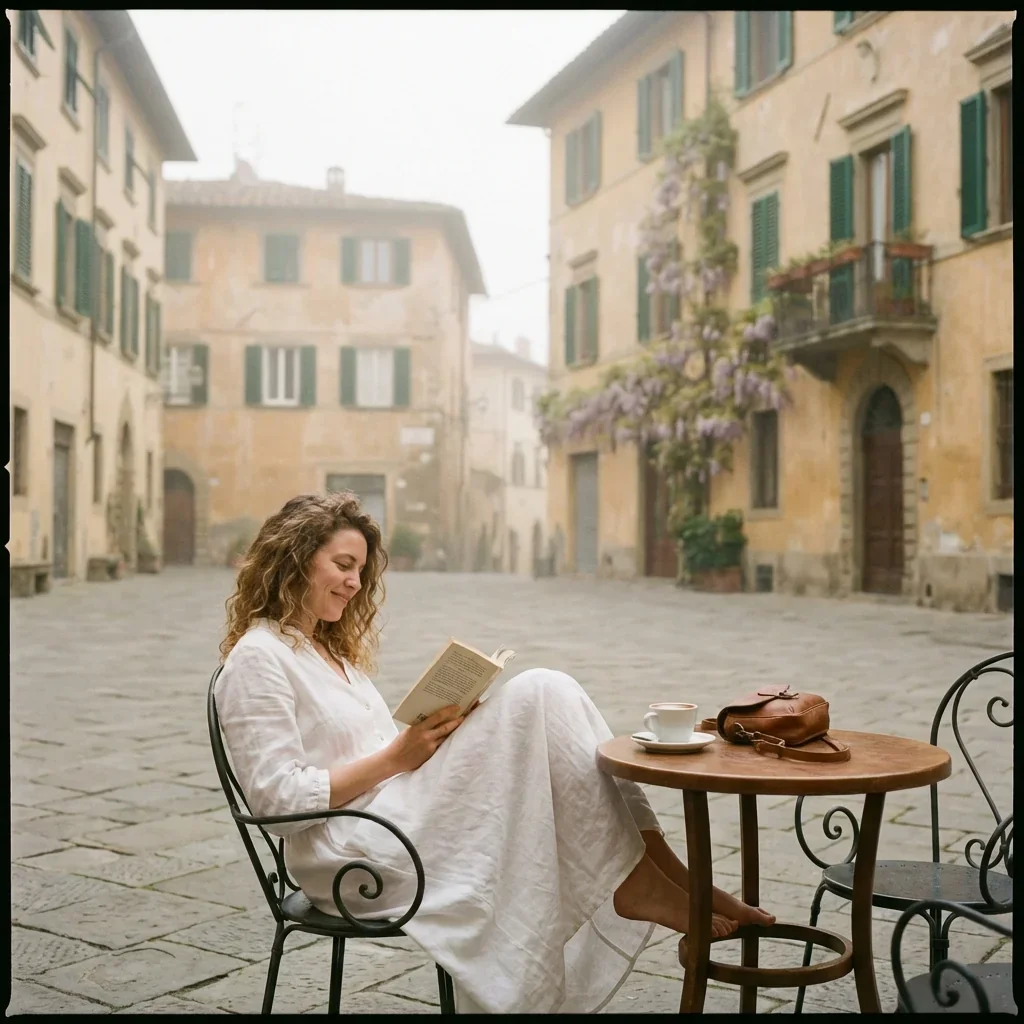 A woman in a white dress sits at an outdoor cafe table in a European street, reading a book, with a cup of coffee and a purse on the table, surrounded by old buildings with green shutters.