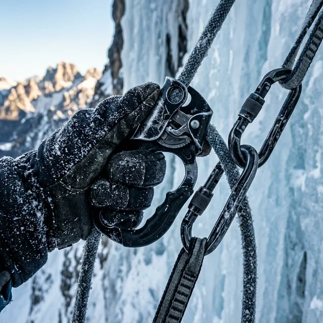 Close-up of a gloved hand gripping a carabiner and ice screw on a snowy ice climbing wall.