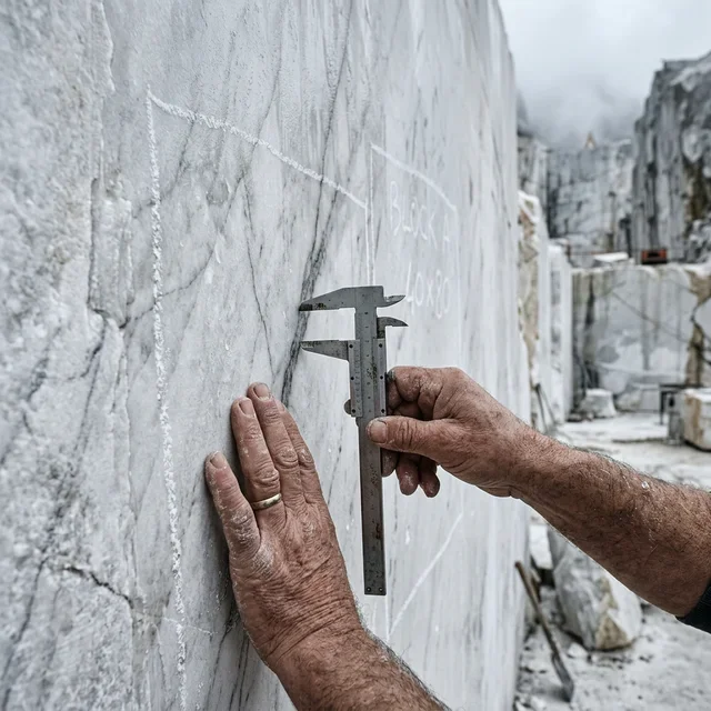 geologist measuring fault lenght on marble block about to be cut