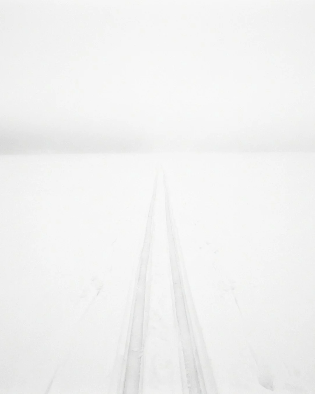 Minimalist winter landscape showing fresh ski tracks in deep snow leading into white mist and fog.