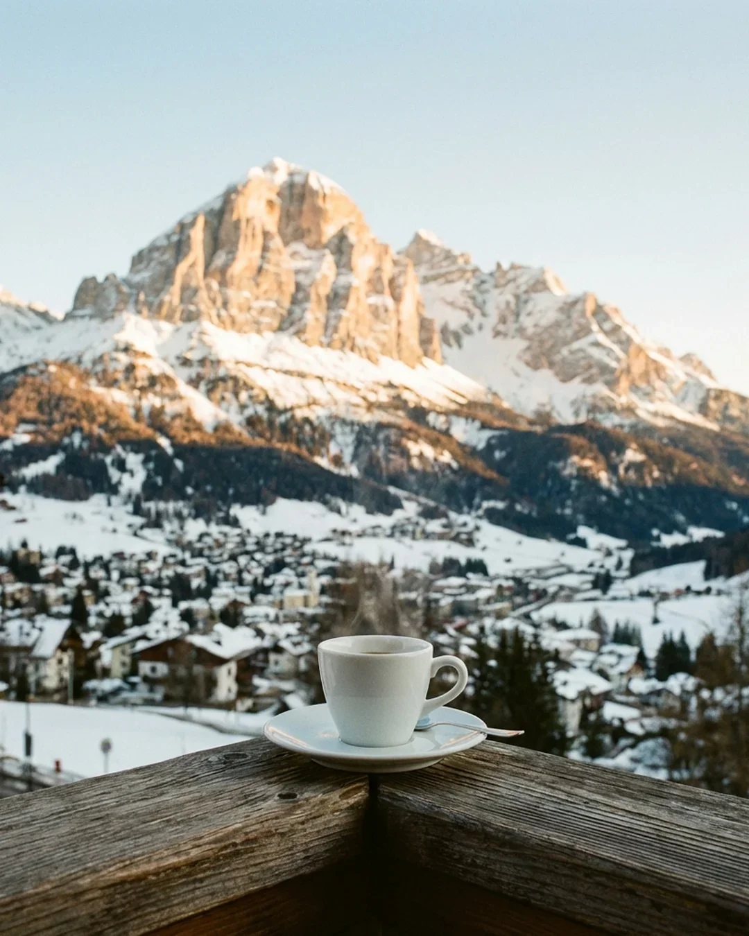 A white coffee cup on a saucer with a spoon, on a wooden railing overlooking a snowy mountain village with a large mountain in the background.