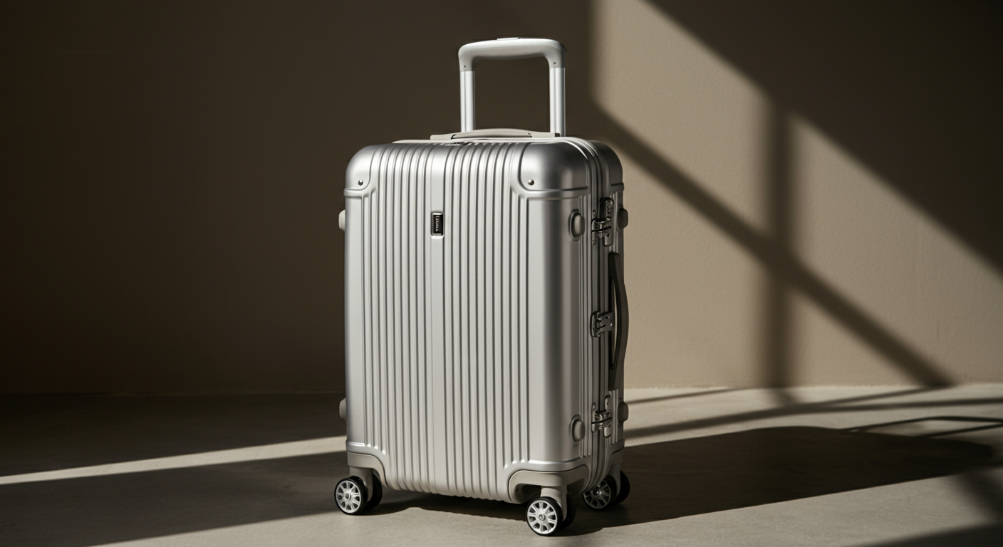 A silver hard-shell suitcase with a telescoping handle and four wheels, standing upright on a light-colored floor, with shadows cast on the wall behind it.