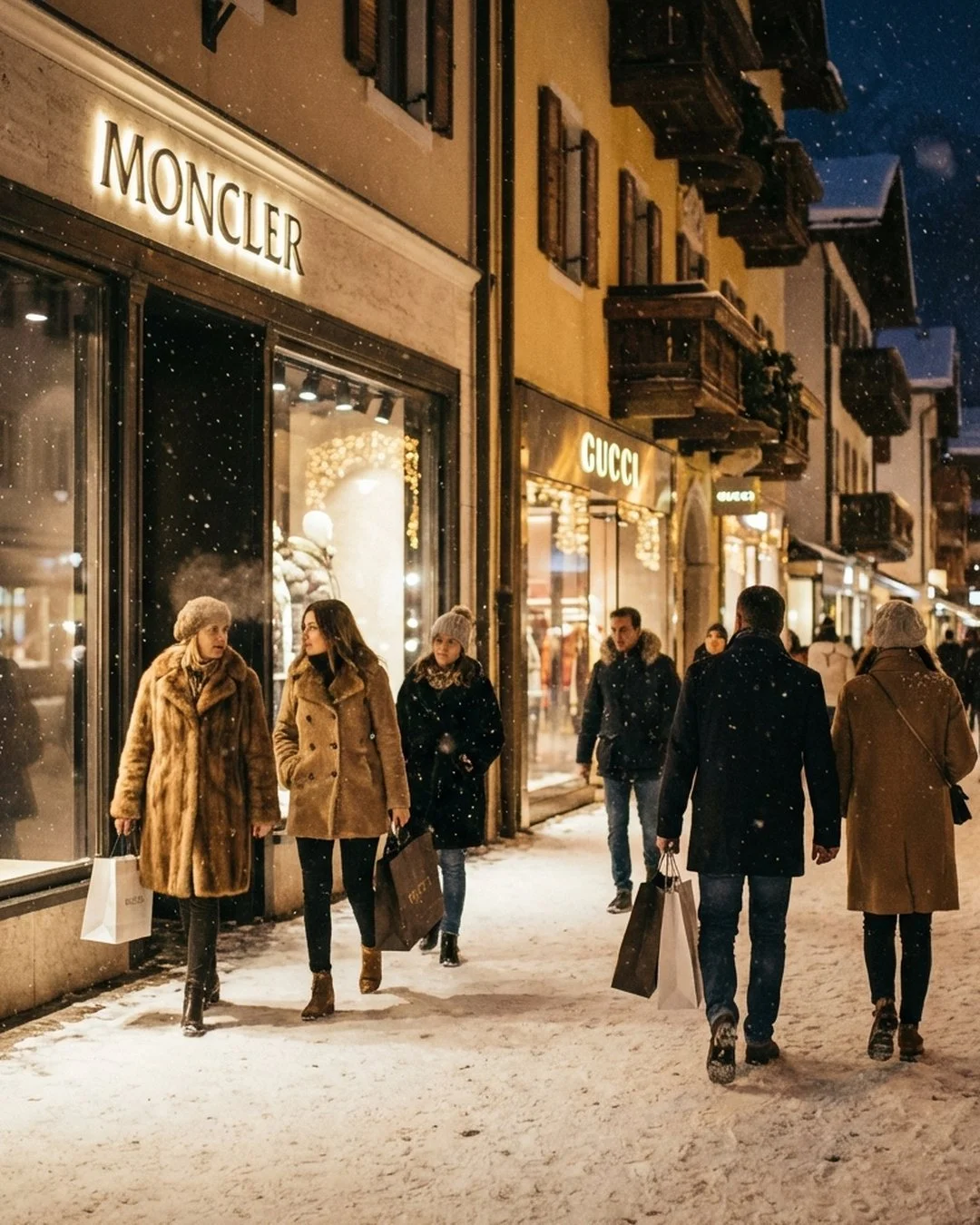 Night street view of Corso Italia in Cortina d'Ampezzo with luxury boutiques, Christmas lights, and people shopping.