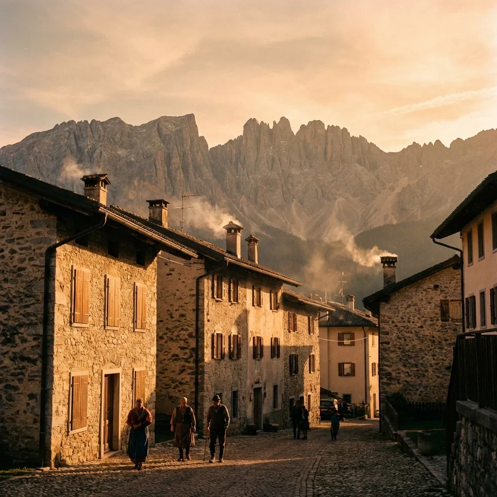 A small mountain village with stone houses and cobblestone streets at sunset, surrounded by mountains and a few people walking.