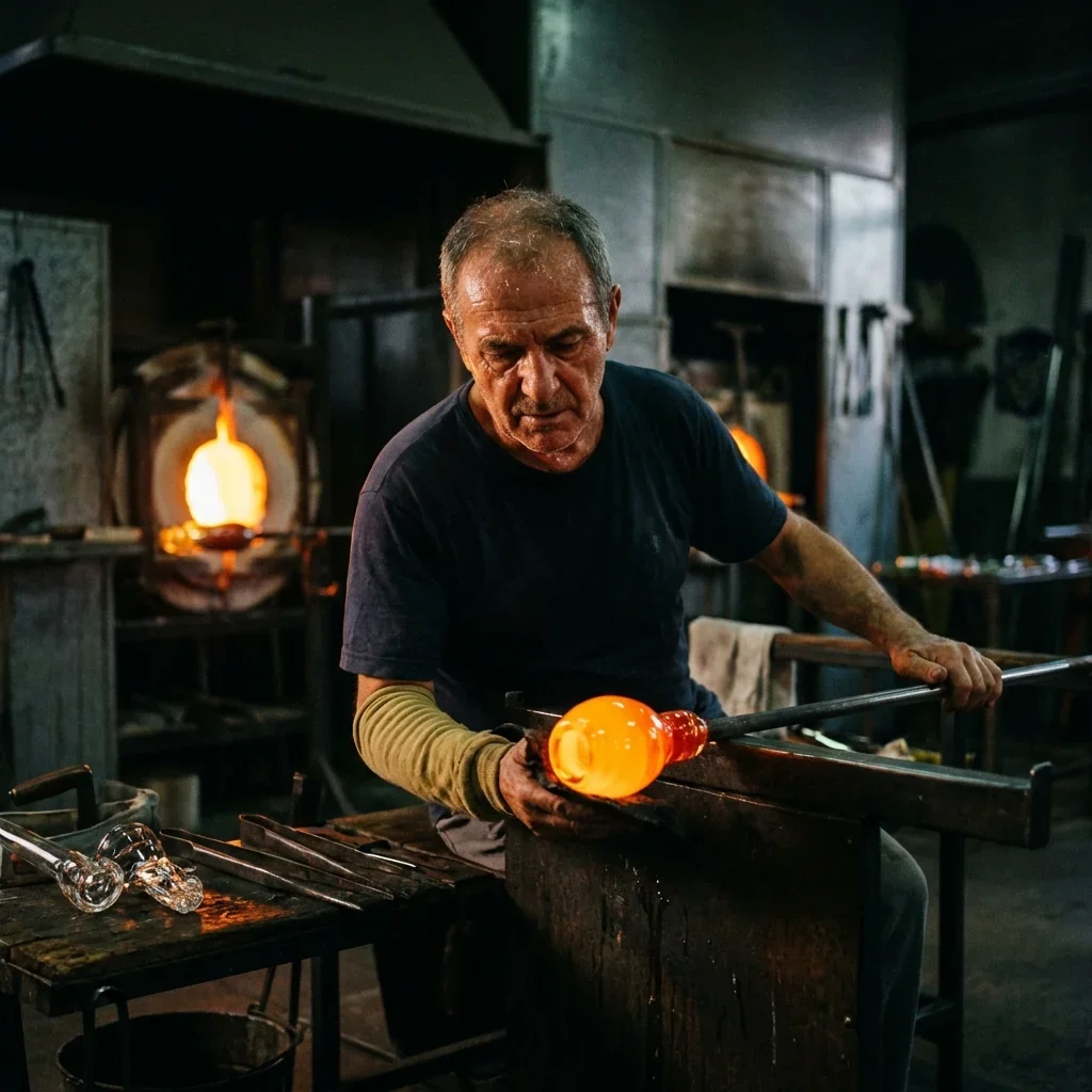 A glassblower in a dark workshop shaping molten glass at a blowtorch.