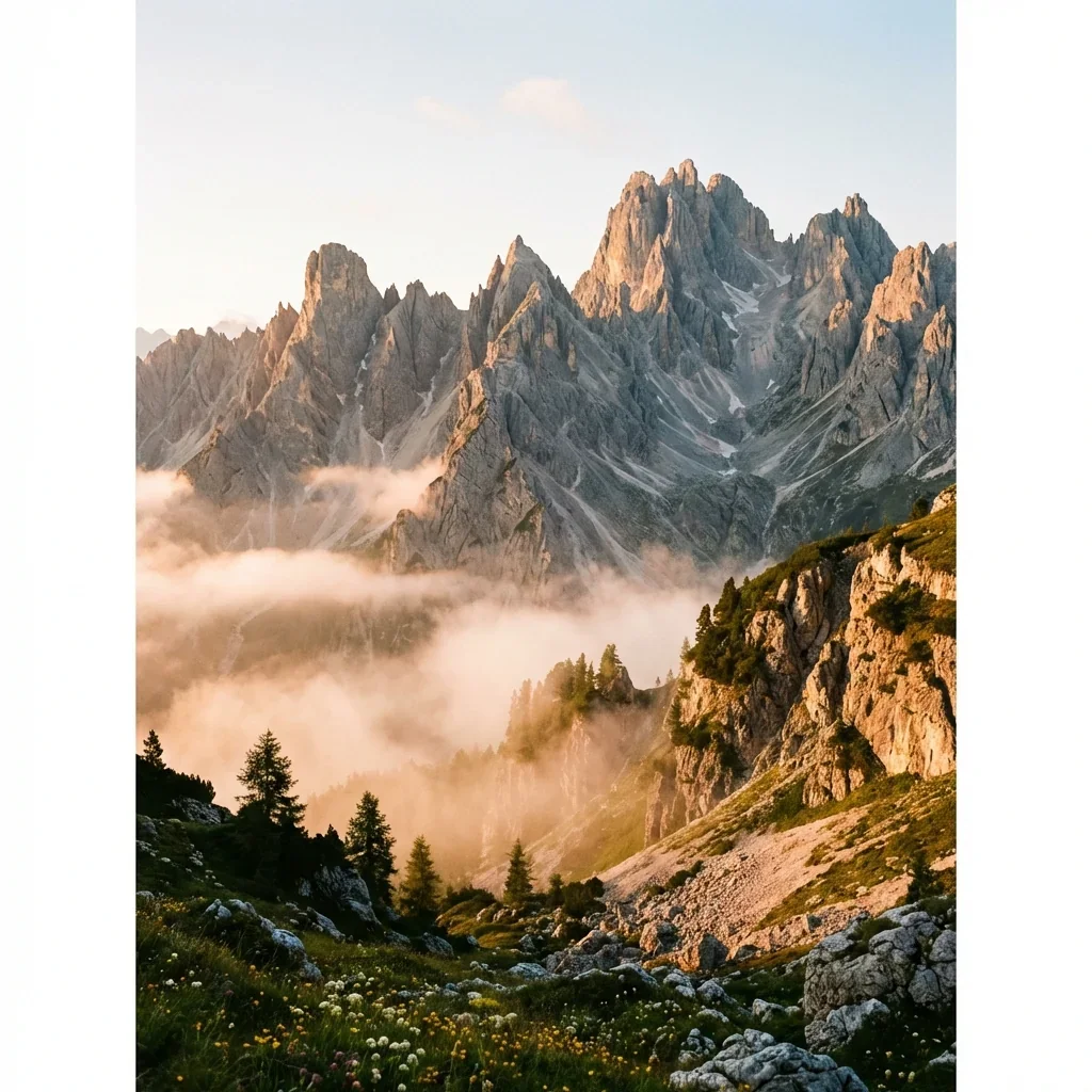 Mountain landscape with rocky peaks, fog in the valley, and scattered trees and flowering plants in the foreground.
