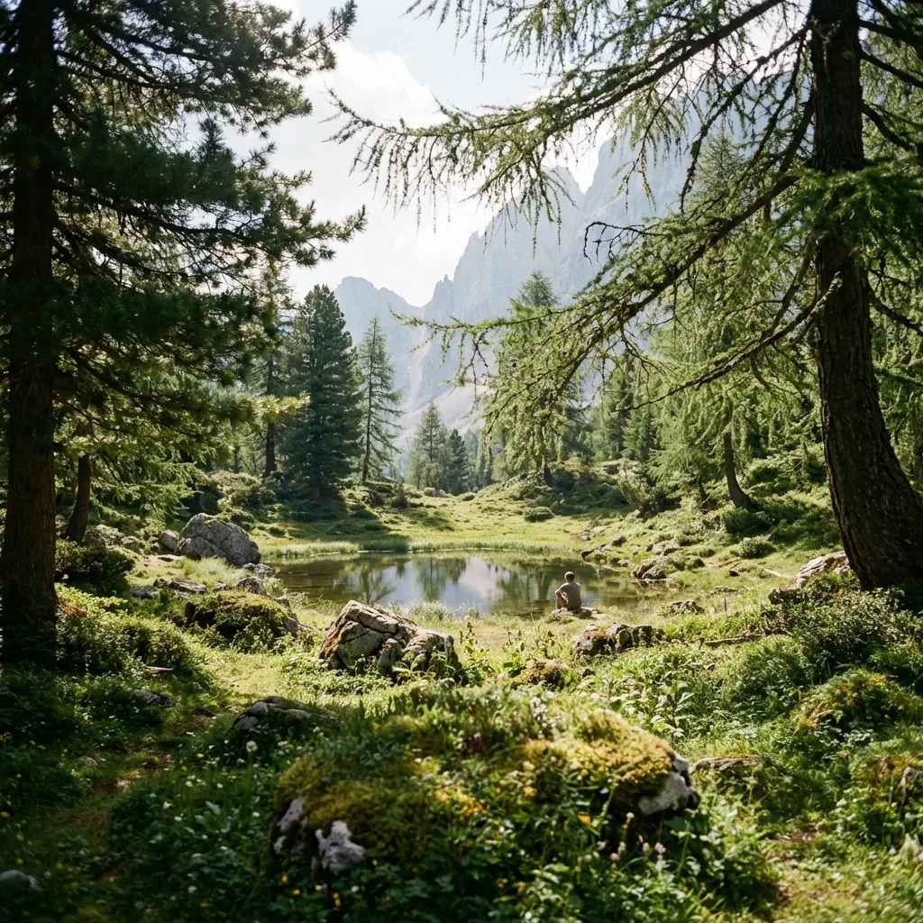 A person sitting outdoors near a small pond in a lush, green forest with tall trees and rocky terrain, mountains visible in the background.