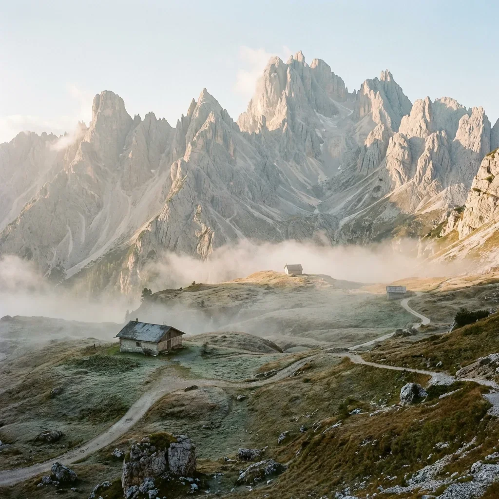 Mountain landscape with rugged peaks, mist over the foothills, and a few small houses on rolling green terrain with winding paths.