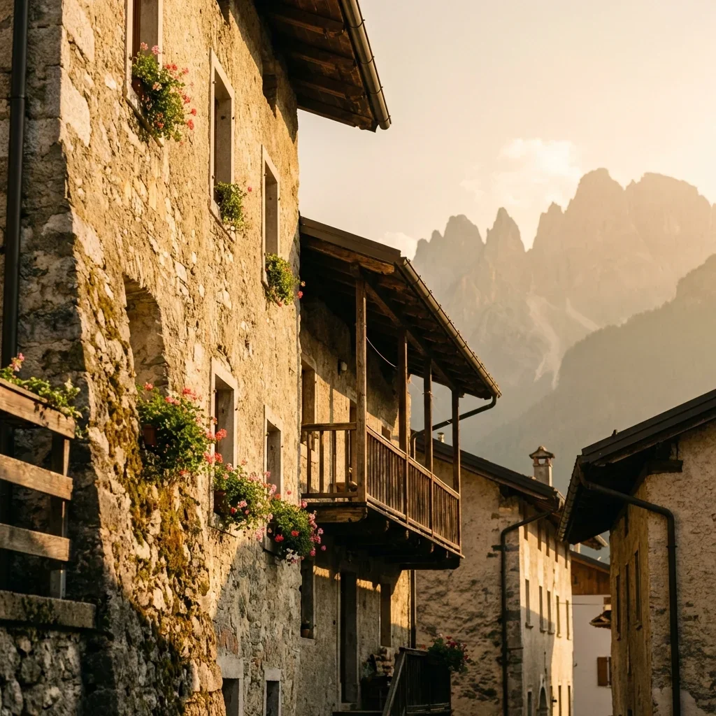Stone building with small windows and flower boxes, mountains in the background, in a village during sunset.