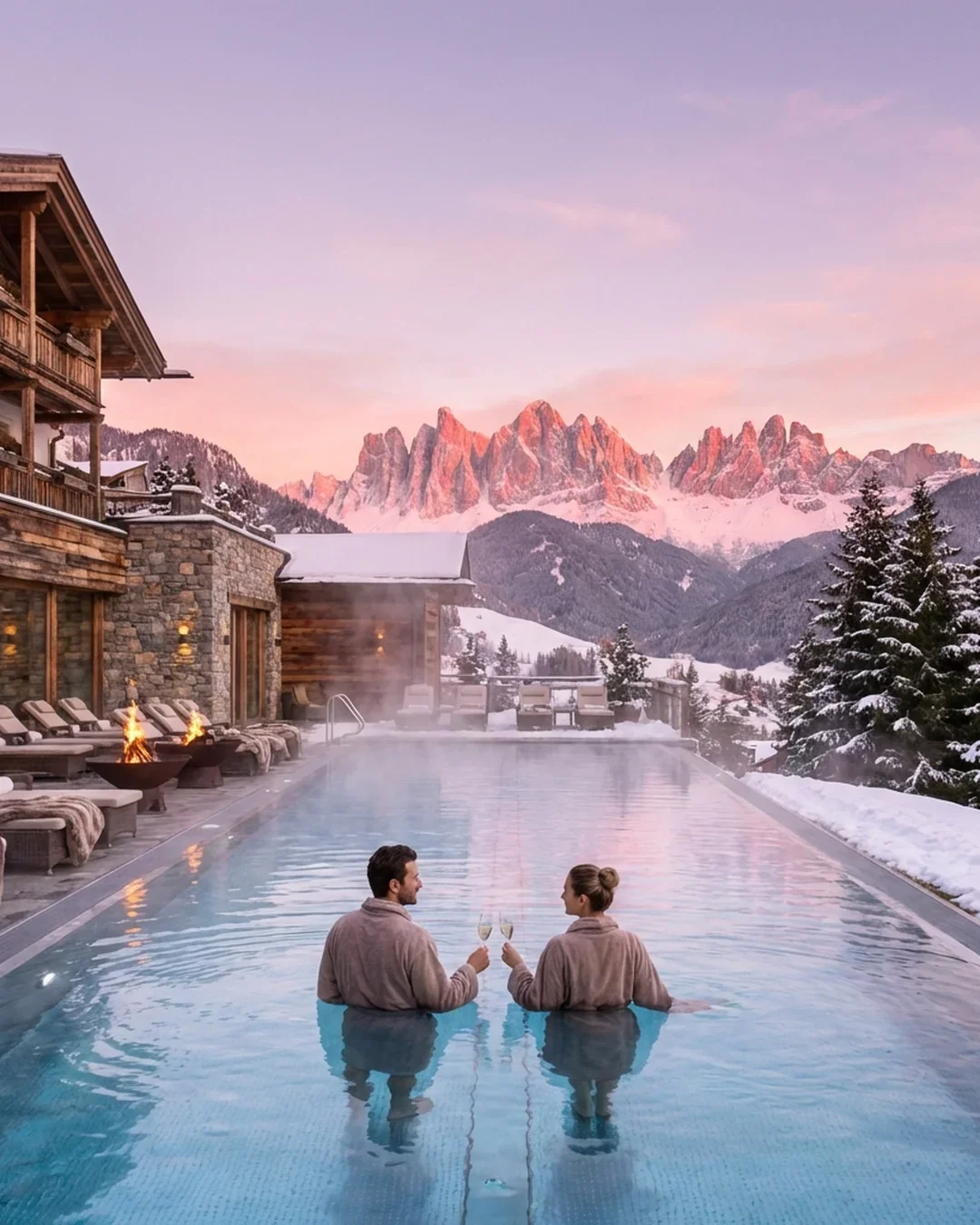 A man and woman in matching robes standing in a hot spring pool, toasting with glasses of white wine, with snow-covered mountains and trees in the background at sunset.