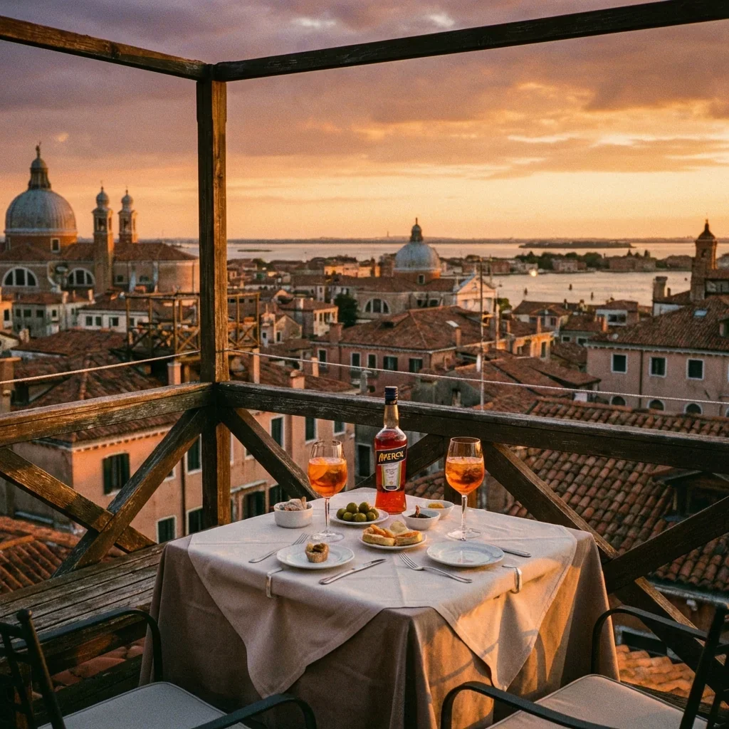 A romantic outdoor rooftop dinner setup with a round table covered with a white tablecloth. The table has two glasses of rosé wine, a bottle of Aperol spritz, and an assortment of appetizers and snacks, including olives and small plates. The scene ov
