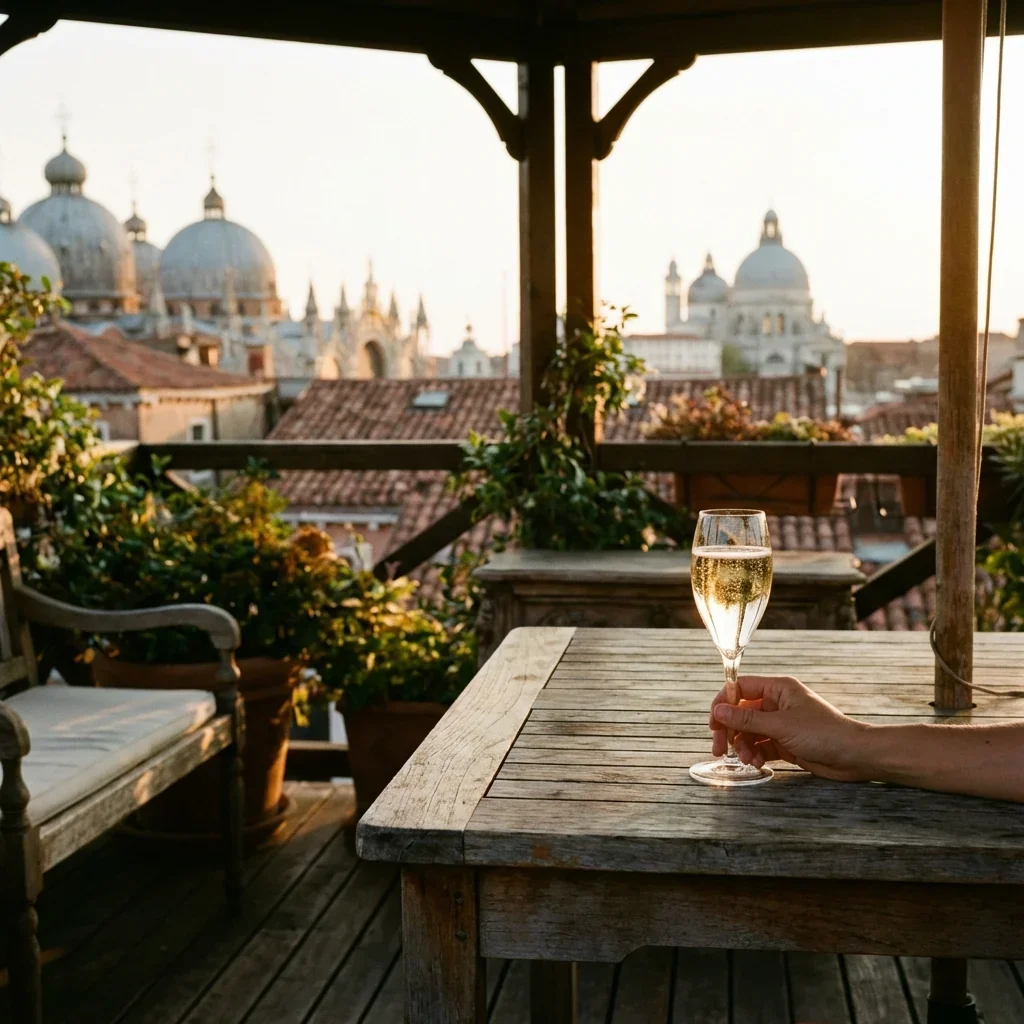 A hand holding a glass of champagne on a rustic wooden table on a balcony with a city skyline and domed buildings in the background during sunset.